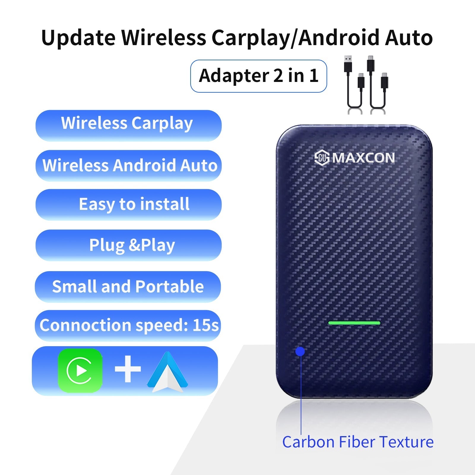 Wired to Wireless Adapter for CarPlay Android Auto 4 In 1 USB
