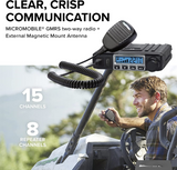 15-Watt-GMRS-MicroMobile-Funkgerät – 8 Repeater-Kanäle, 142 Datenschutzcodes, NOAA-Wetterscan + Alarm und externe Magnetantenne (Einzelpackung) (Schwarz) 
