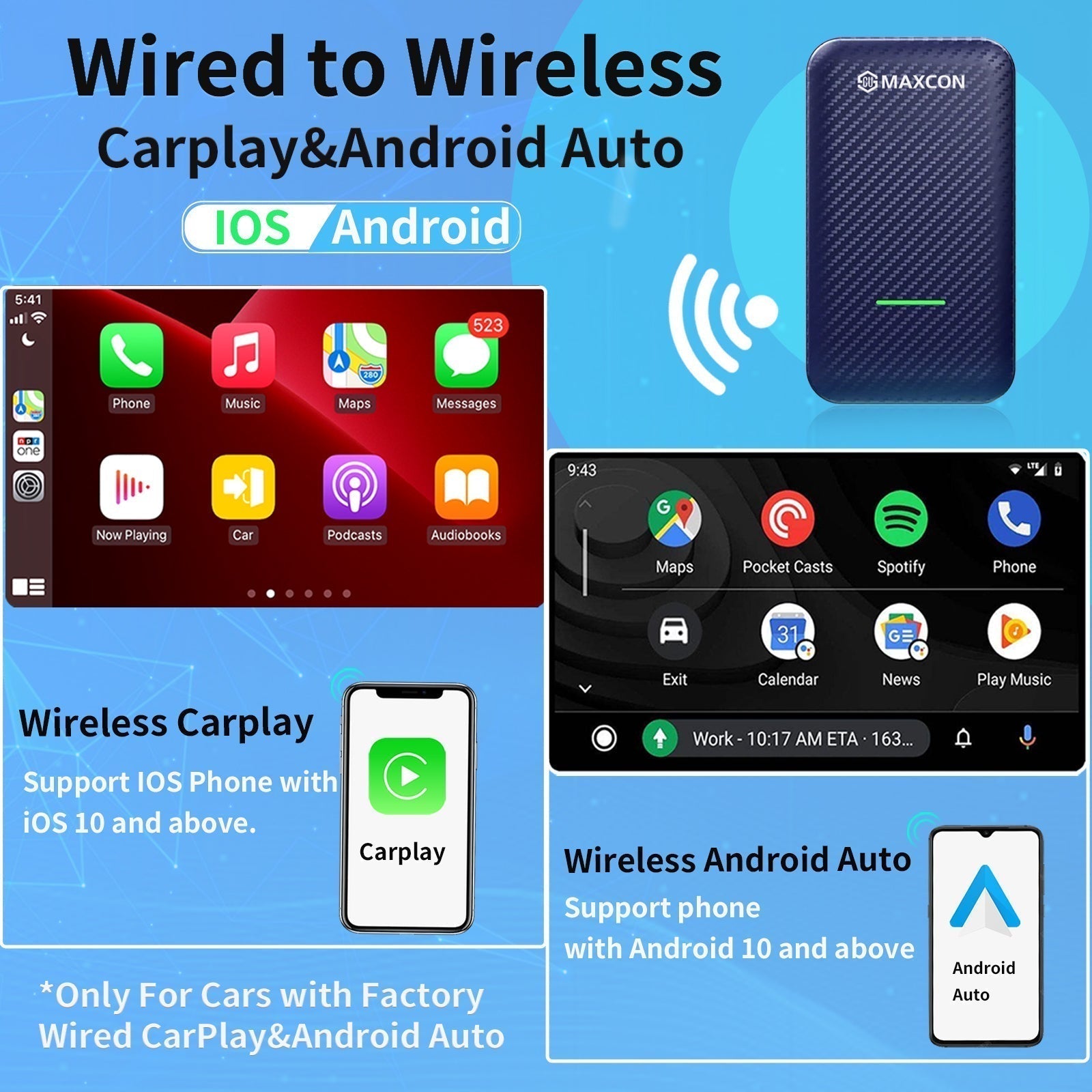 Wired to Wireless Adapter for CarPlay Android Auto 4 In 1 USB